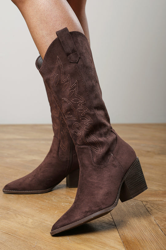 Fevora Brown Pointed Toe Block Heeled Calf Length Boots