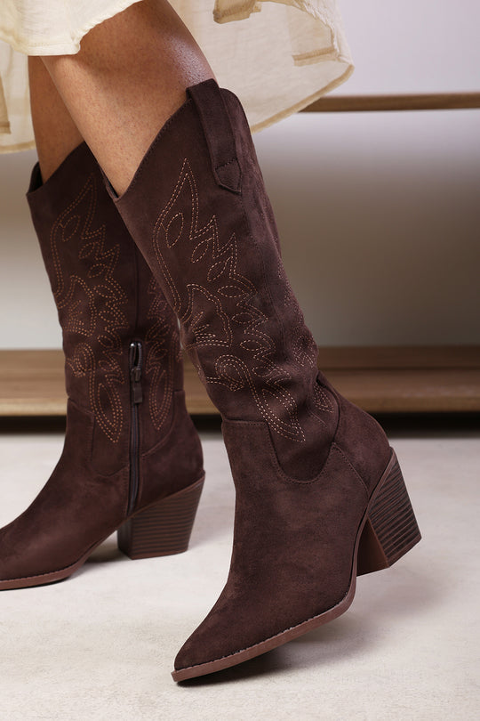 Yasmine Calf Cowboy Boots Block Heel Western Embroidered In Brown Suede