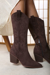 Fevora Brown Pointed Toe Block Heeled Calf Length Boots