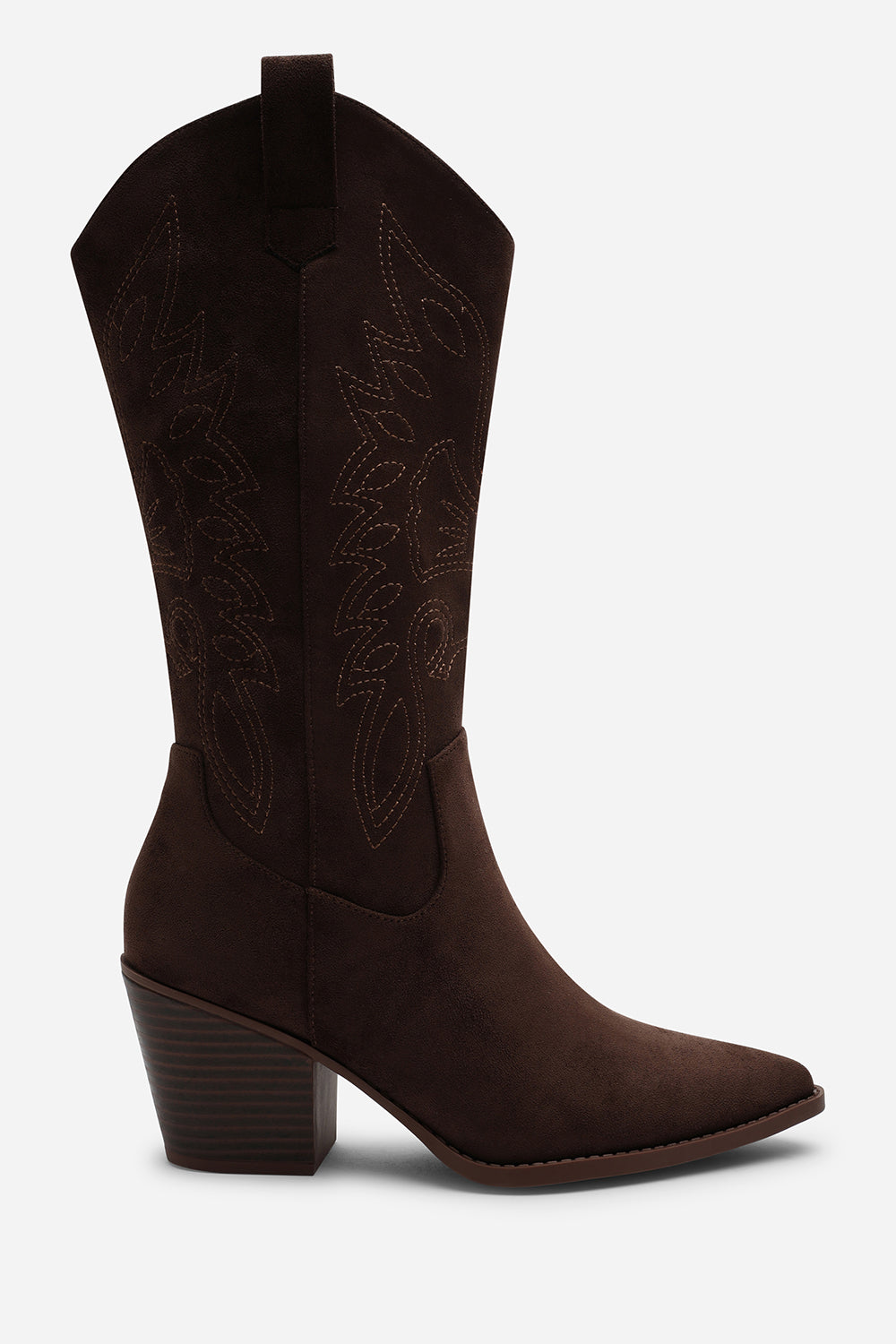Fevora Brown Pointed Toe Block Heeled Calf Length Boots