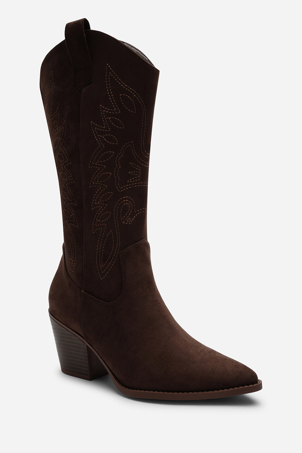 Fevora Brown Pointed Toe Block Heeled Calf Length Boots