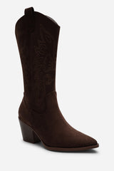 Fevora Brown Pointed Toe Block Heeled Calf Length Boots