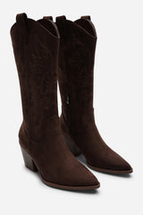 Fevora Brown Pointed Toe Block Heeled Calf Length Boots