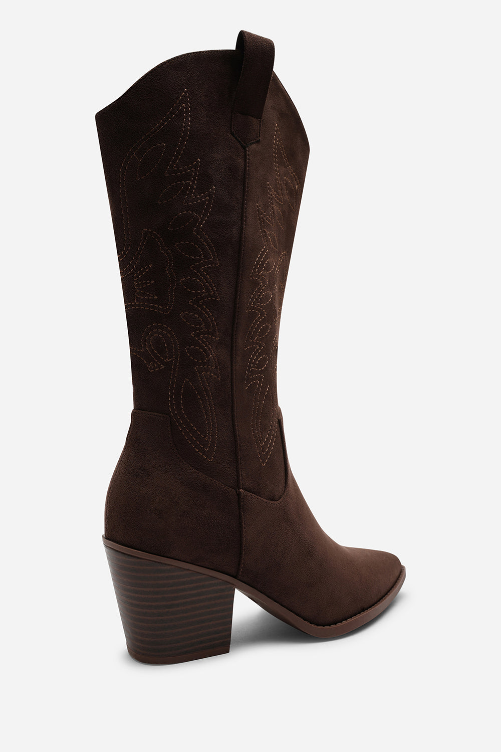 Fevora Brown Pointed Toe Block Heeled Calf Length Boots
