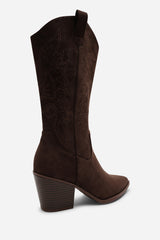 Fevora Brown Pointed Toe Block Heeled Calf Length Boots