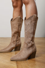 Fevora Camel Pointed Toe Block Heeled Calf Length Boots