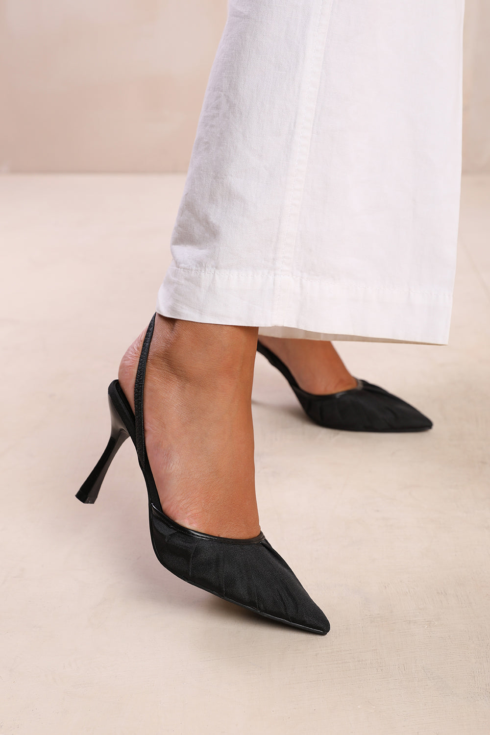 MALDIVES POINTED TOE HEELS WITH STRAP IN BLACK SATIN