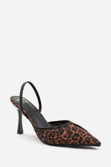 MALDIVES WIDE FIT POINTED TOE HEELS WITH STRAP IN LEOPARD SATIN