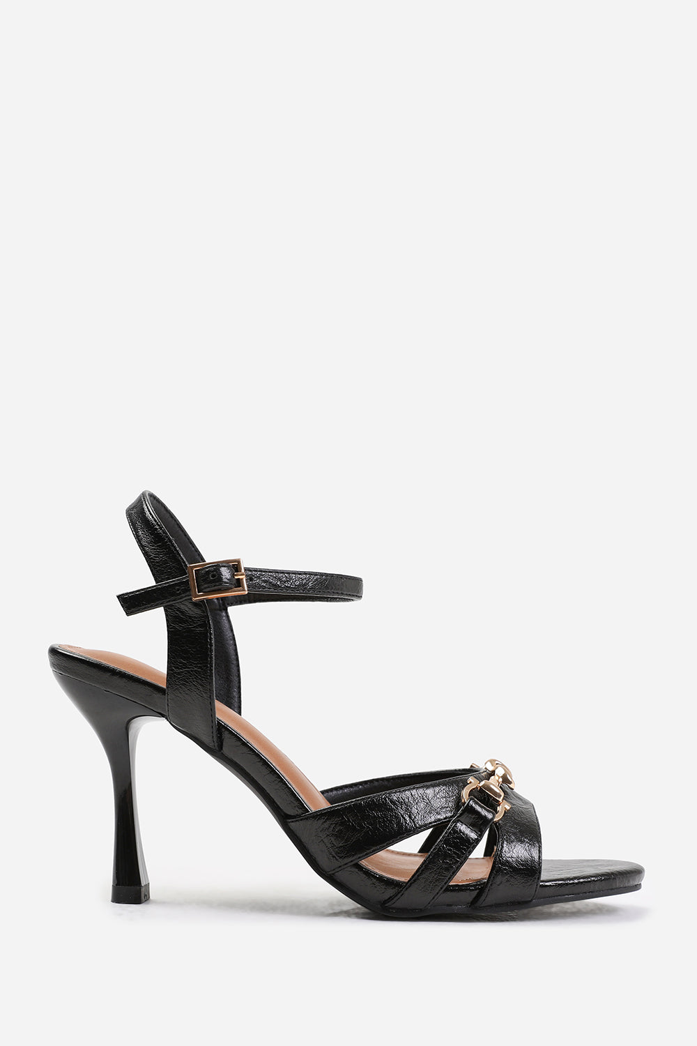 HARRIET WIDE FIT MID HEELS WITH METAL DETAILING IN BLACK CREASE FAUX LEATHER