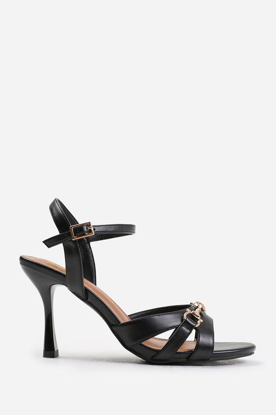 HARRIET WIDE FIT MID HEELS WITH METAL DETAILING IN BLACK FAUX LEATHER