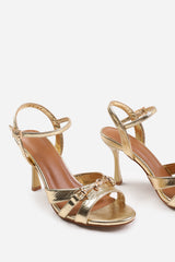 HARRIET WIDE FIT MID HEELS WITH METAL DETAILING IN GOLD CREASE FAUX LEATHER