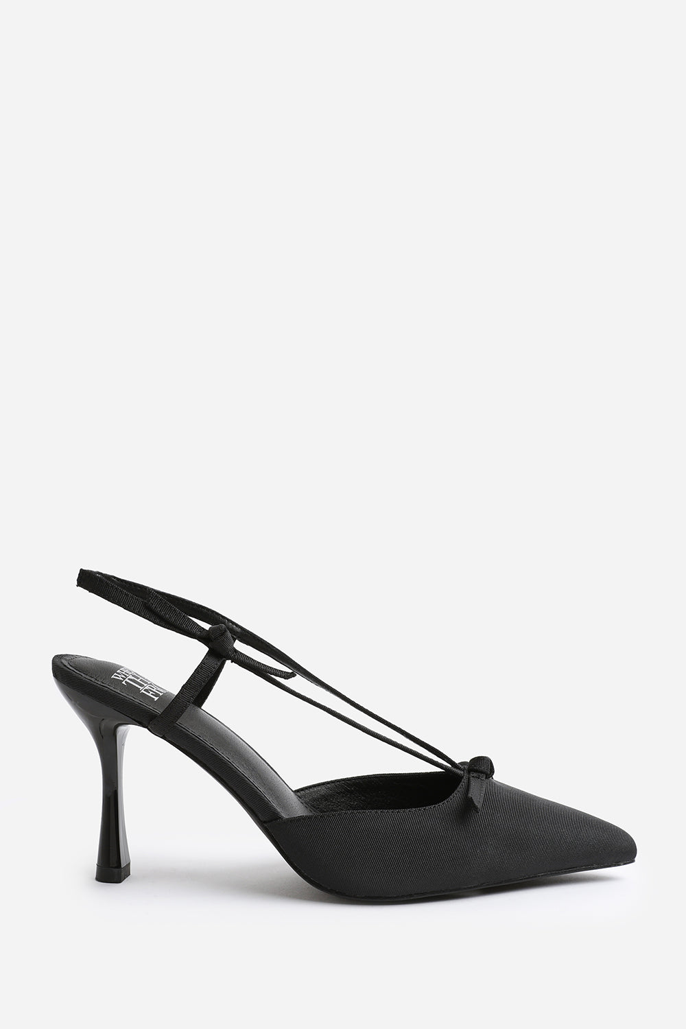 AVA WIDE FIT HIGH HEEL WITH POINTED TOE AND STRAP DETAIL IN BLACK SATIN