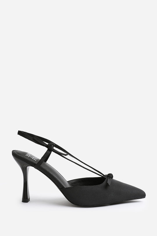 MABEL WIDE FIT HIGH HEEL WITH POINTED TOE AND STRAP DETAIL IN BLACK SATIN