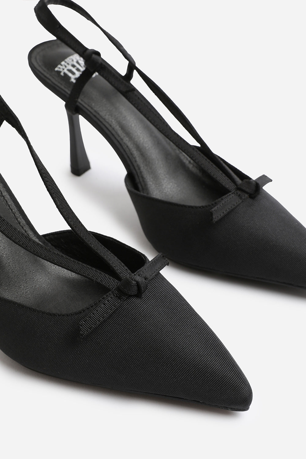MABEL WIDE FIT HIGH HEEL WITH POINTED TOE AND STRAP DETAIL IN BLACK SATIN
