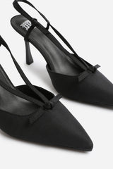 MABEL WIDE FIT HIGH HEEL WITH POINTED TOE AND STRAP DETAIL IN BLACK SATIN