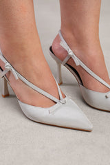 MABEL HIGH HEEL WITH POINTED TOE AND STRAP DETAIL IN SILVER SATIN