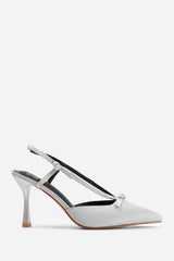 MABEL HIGH HEEL WITH POINTED TOE AND STRAP DETAIL IN SILVER SATIN