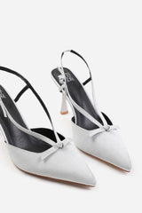 MABEL HIGH HEEL WITH POINTED TOE AND STRAP DETAIL IN SILVER SATIN