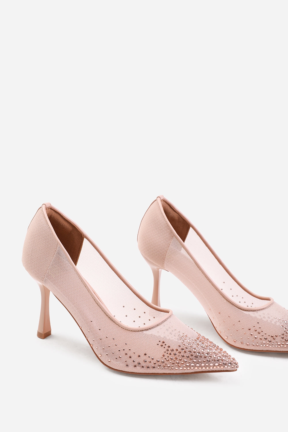 DELINA COURT SHOE WITH DIAMANTE DETAILING IN NUDE MESH