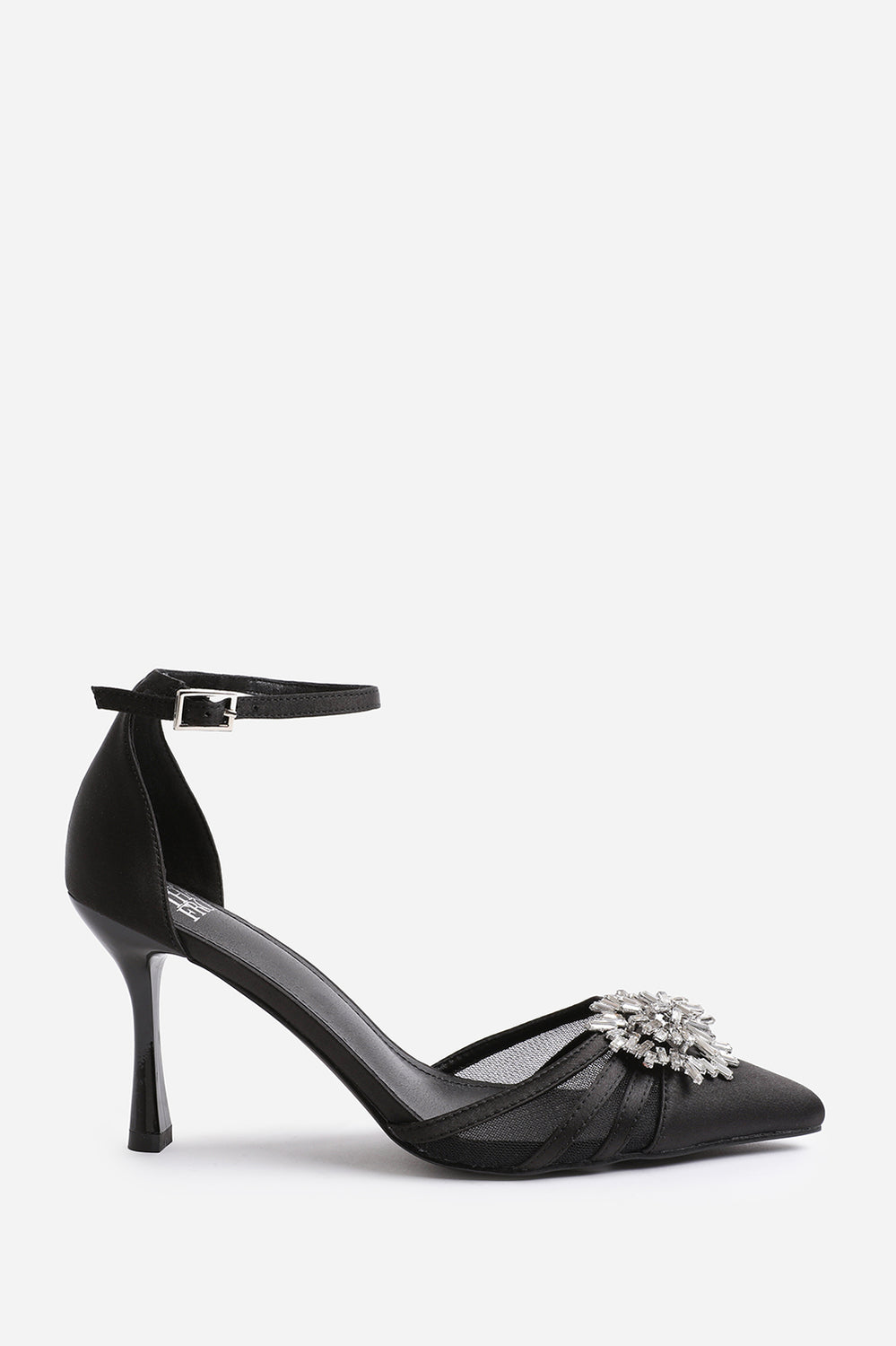 VERA HIGH HEEL WITH POINTED TOE AND DIAMANTE DETAIL IN BLACK SATIN