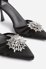 VERA WIDE FIT HIGH HEEL WITH POINTED TOE AND DIAMANTE DETAIL IN BLACK SATIN