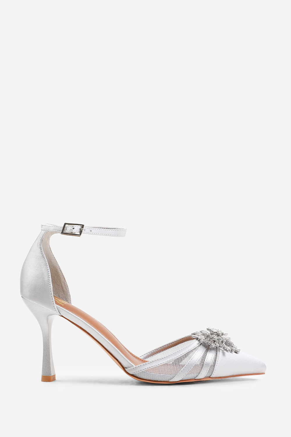 VERA HIGH HEEL WITH POINTED TOE AND DIAMANTE DETAIL IN SILVER SATIN