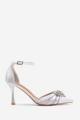 VERA WIDE FIT HIGH HEEL WITH POINTED TOE AND DIAMANTE DETAIL IN SILVER SATIN