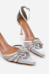 VERA WIDE FIT HIGH HEEL WITH POINTED TOE AND DIAMANTE DETAIL IN SILVER SATIN