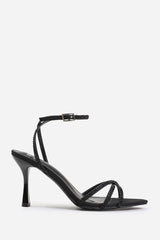 EBEN CROSS OVER STRAP WITH GEM DETAILING HEELS IN BLACK SATIN