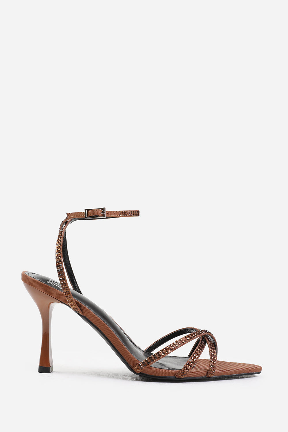 EBEN CROSS OVER STRAP WITH GEM DETAILING HEELS IN CHOCOLATE SATIN