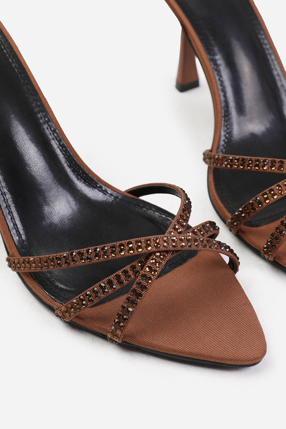 EBEN CROSS OVER STRAP WITH GEM DETAILING HEELS IN CHOCOLATE SATIN