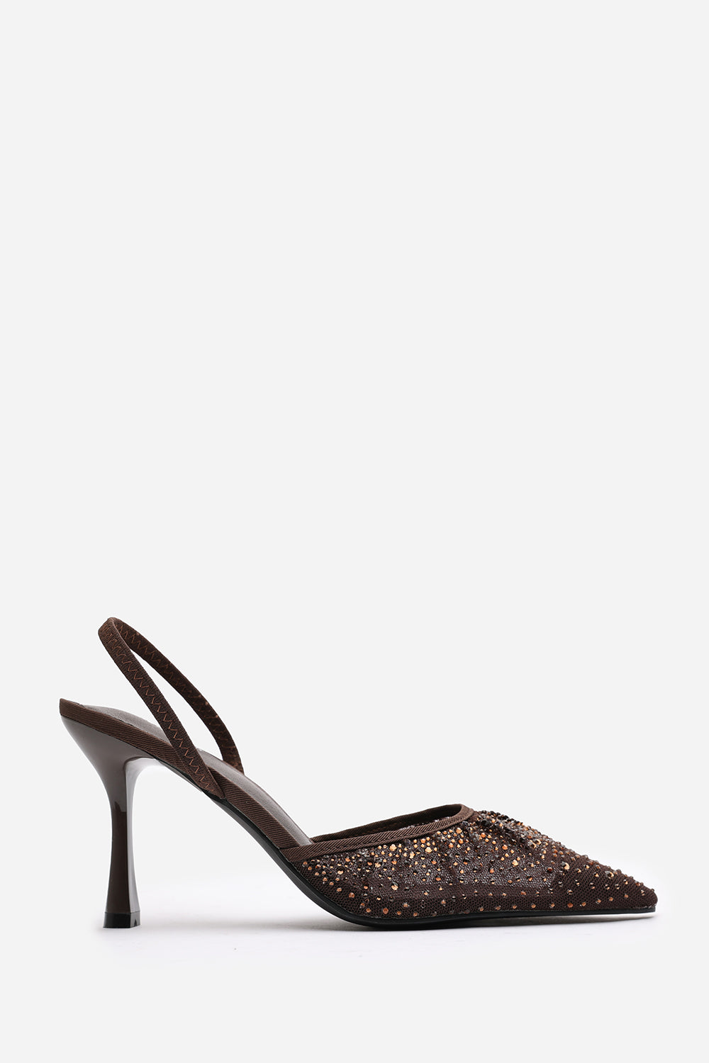 California Diamante Mesh Pointed Toe Sling Back Heels In Brown
