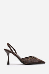 California Diamante Mesh Pointed Toe Sling Back Heels In Brown
