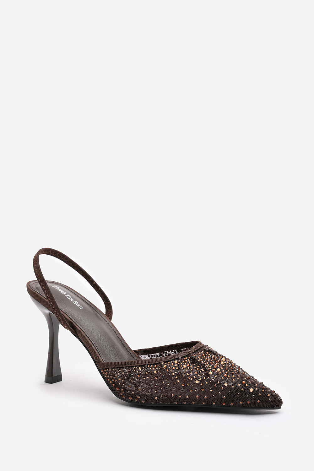 California Diamante Mesh Pointed Toe Sling Back Heels In Brown