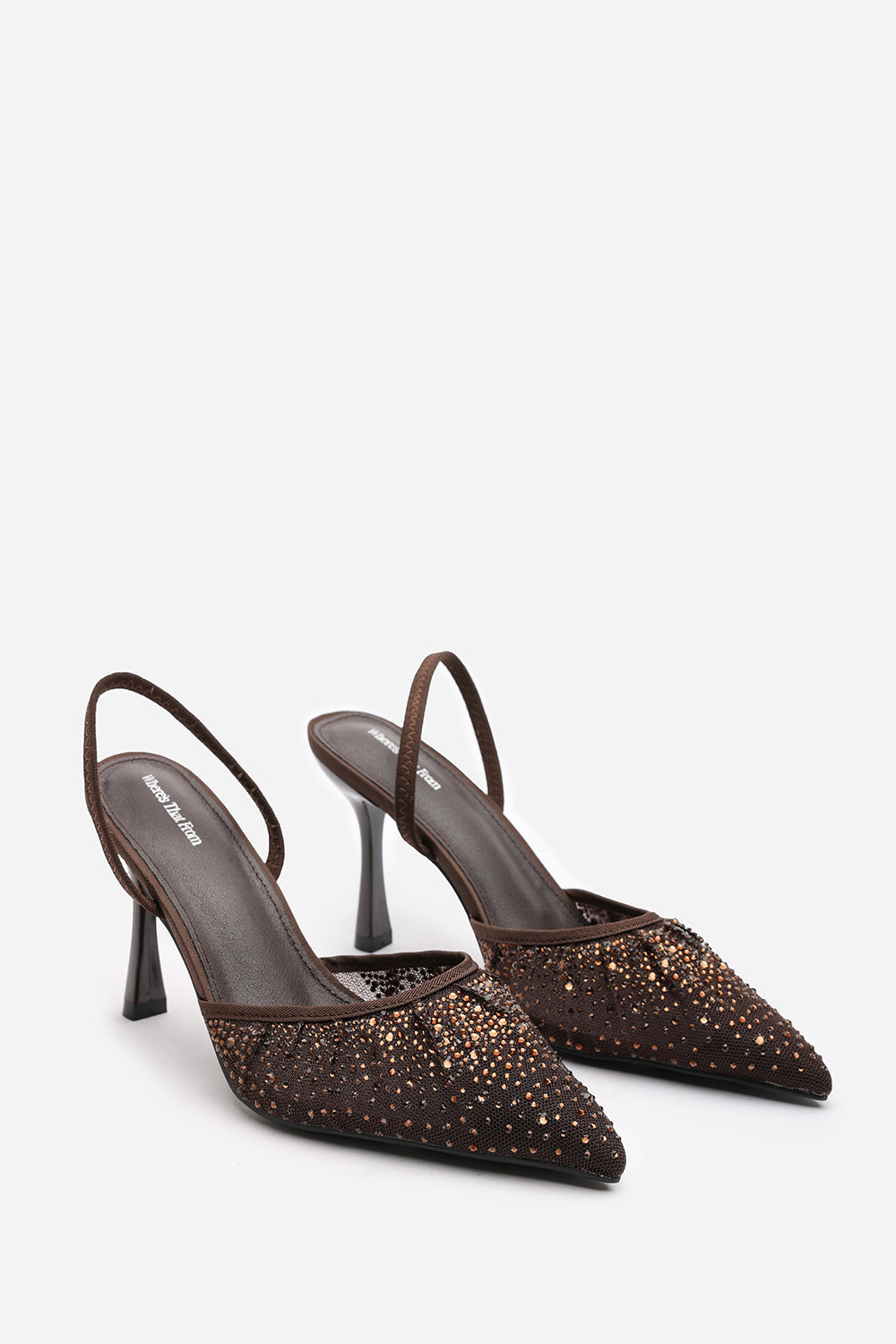 California Diamante Mesh Pointed Toe Sling Back Heels In Brown