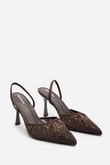 California Diamante Mesh Pointed Toe Sling Back Heels In Brown