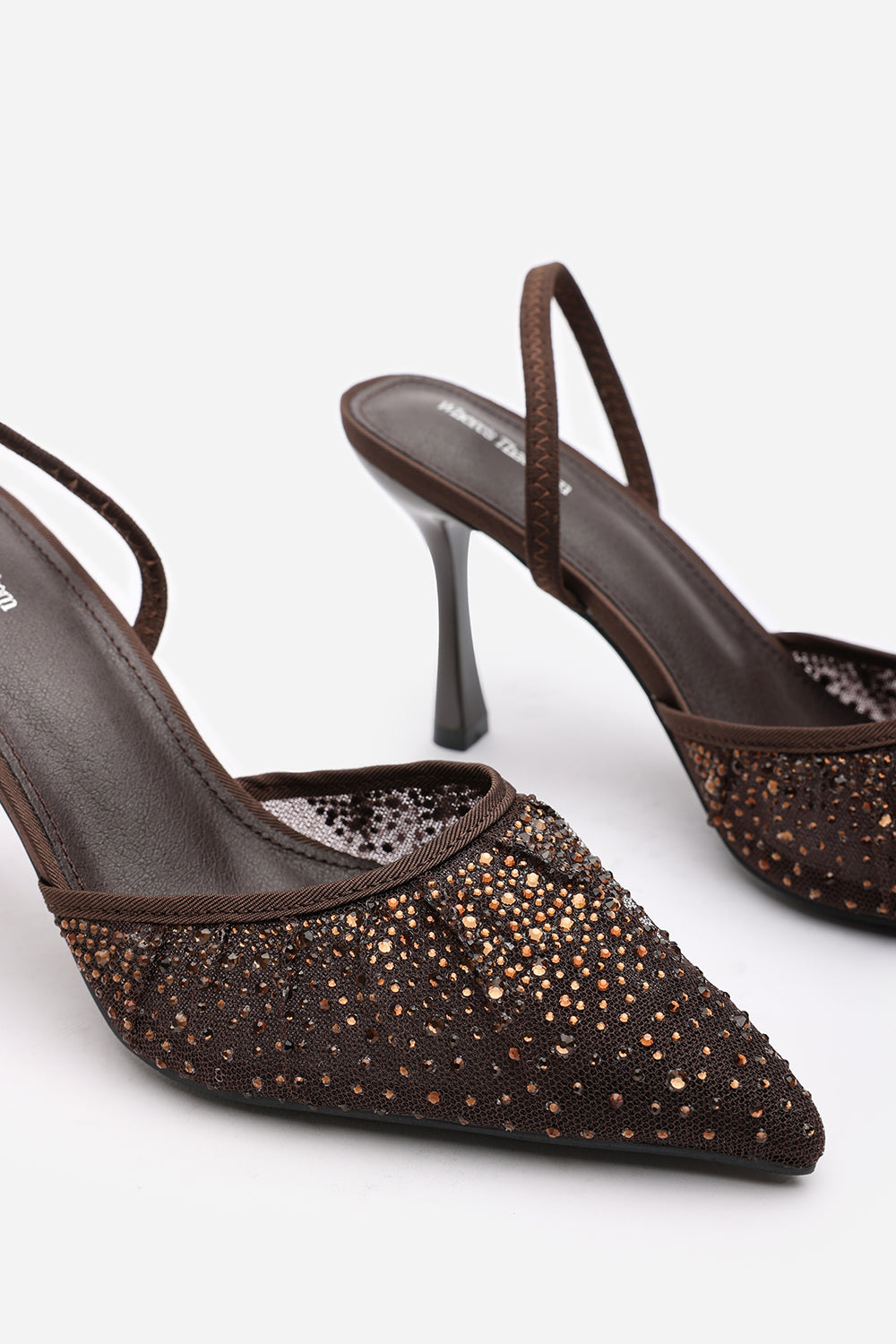 California Diamante Mesh Pointed Toe Sling Back Heels In Brown