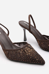California Diamante Mesh Pointed Toe Sling Back Heels In Brown