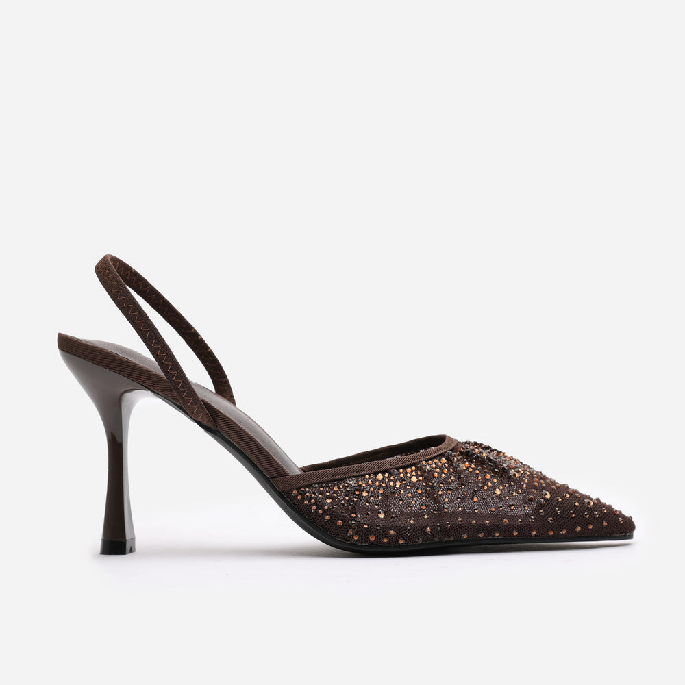 Rixelle Pointed Toe Embellished Mesh Slingback Heels
