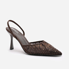Rixelle Pointed Toe Embellished Mesh Slingback Heels