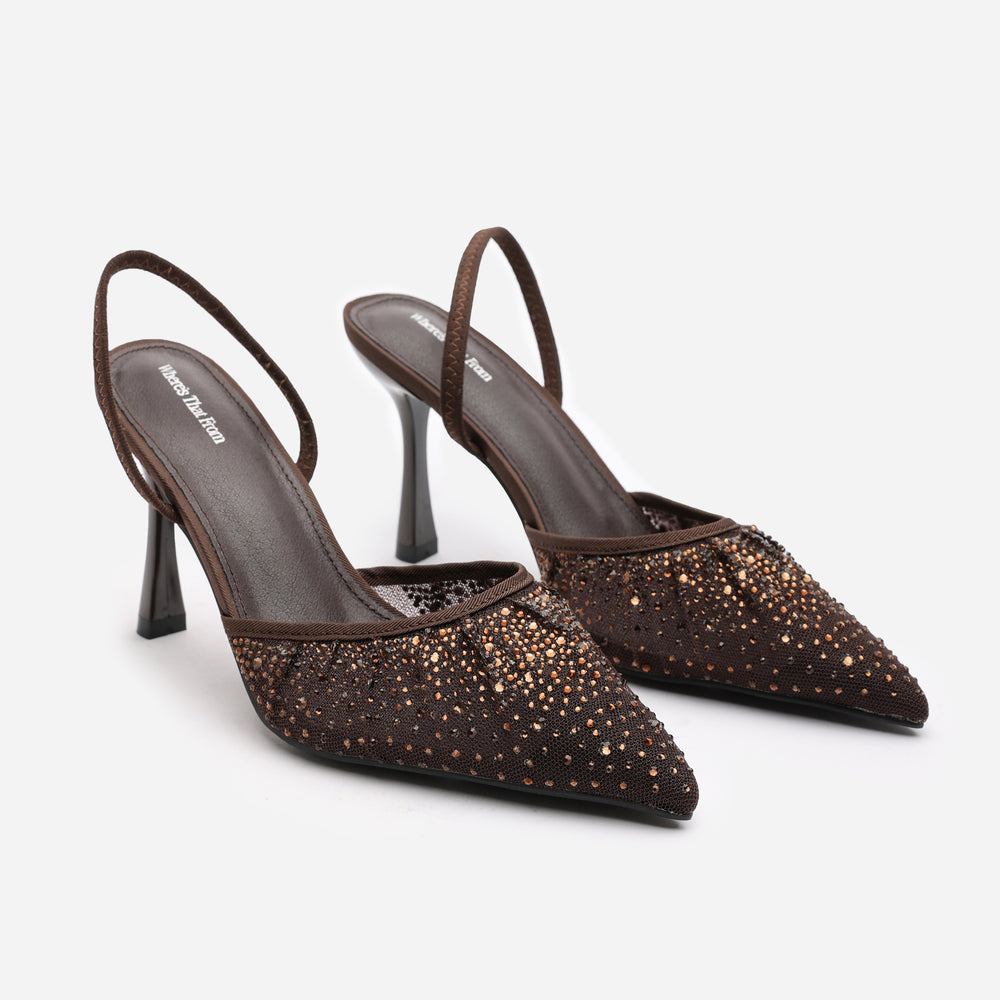Rixelle Pointed Toe Embellished Mesh Slingback Heels