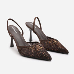 Rixelle Pointed Toe Embellished Mesh Slingback Heels