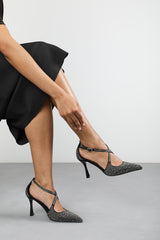 Kaitlyn Strappy Pointed Toe High Heels with Rhinestone Embellishments in Black Satin