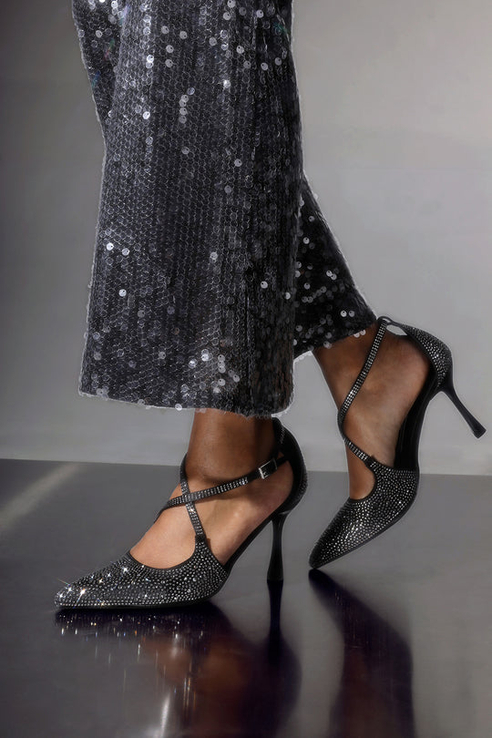 Urania Black Embellished Crossover Strap Heeled Court shoe