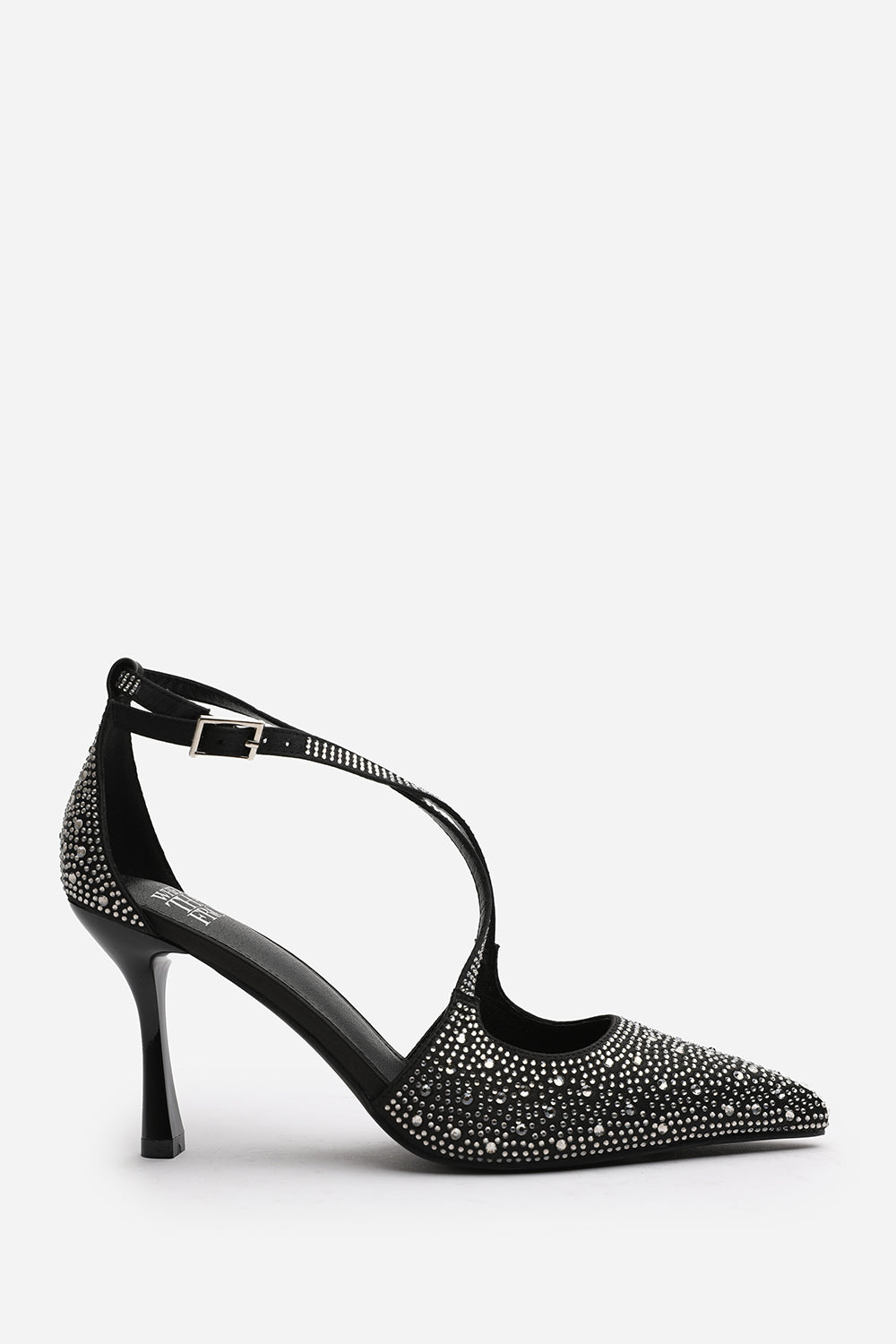Urania Black Embellished Crossover Strap Heeled Court shoe