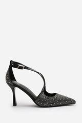 Urania Black Embellished Crossover Strap Heeled Court shoe