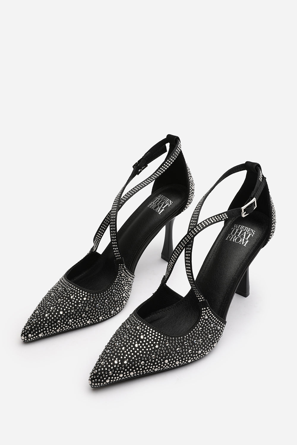 Urania Black Embellished Crossover Strap Heeled Court shoe