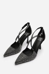 Bronya Black Embellished Cross Strap Heels