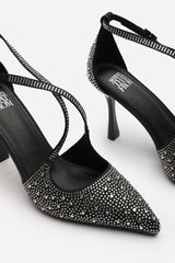 Bronya Black Embellished Cross Strap Heels