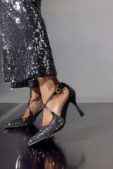 Bronya Black Embellished Cross Strap Heels